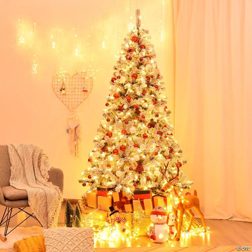 Costway 7.5 ft Prelit Premium Snow Flocked Hinged Artificial Christmas Tree with 450 Lights