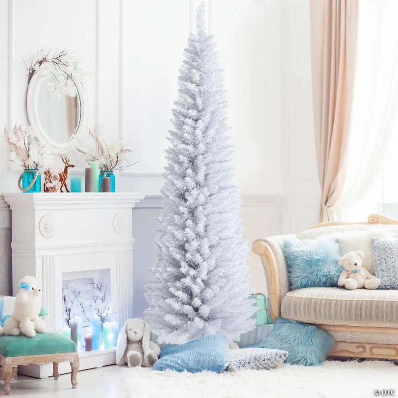 Costway 7ft Unlit Artificial Slim Christmas Pencil Tree w/ Metal Stand White