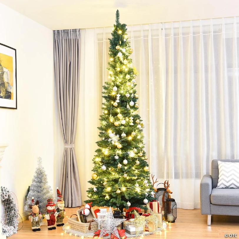 Costway 9Ft PVC Artificial Pencil Christmas Tree Slim Stand Green