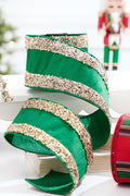 4" x 5 Yard Green Dupioni with Champagne Edged Ribbon