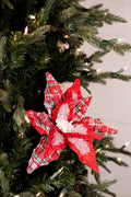 34” x 13" Frost Snowflake Plaid Velvet Poinsettia Stem