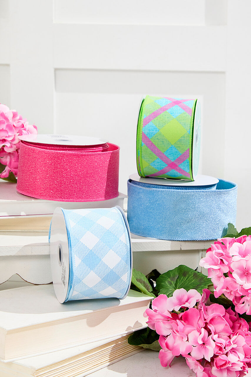 2.5 x 10 Yards Printed Plaid On Royal Ribbon
