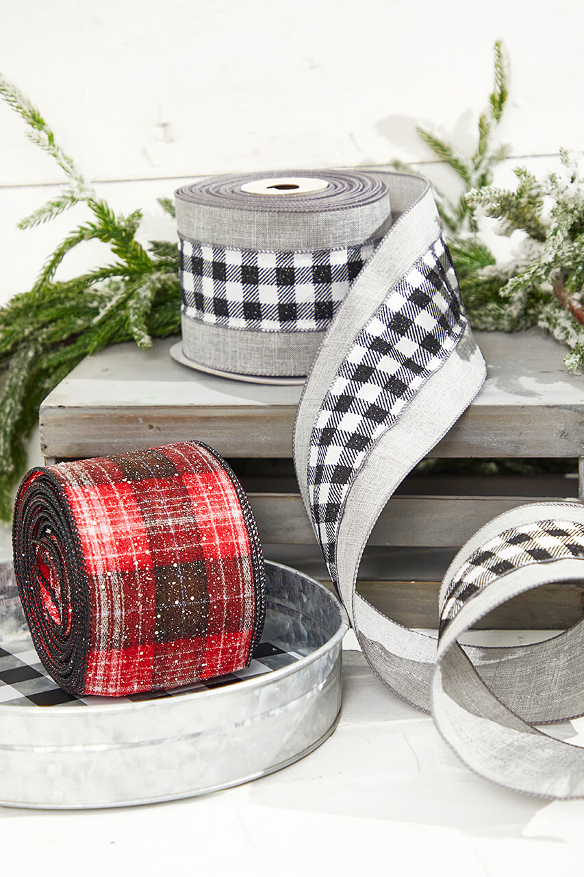 4” x 10 Yard Metallic Check Solid Edge Wired Ribbon