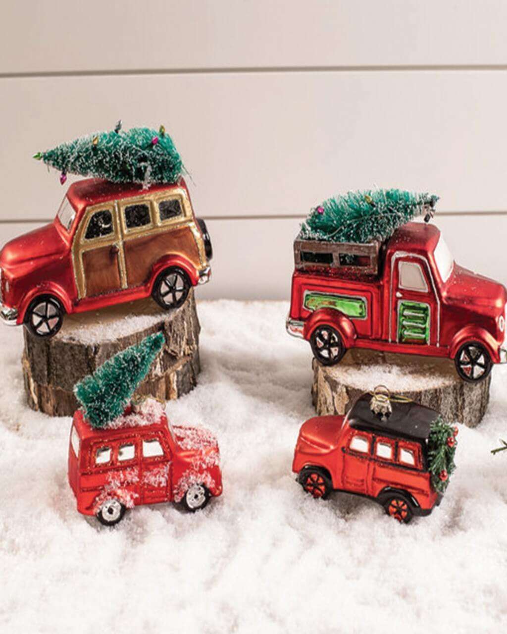 Glass Car with Bottle Brush Tree Décor