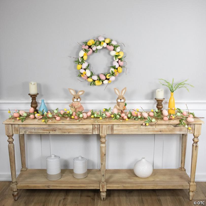 Easter Eggs and Flower Buds Artificial Wreath - 22" - Pink and Yellow - Unlit