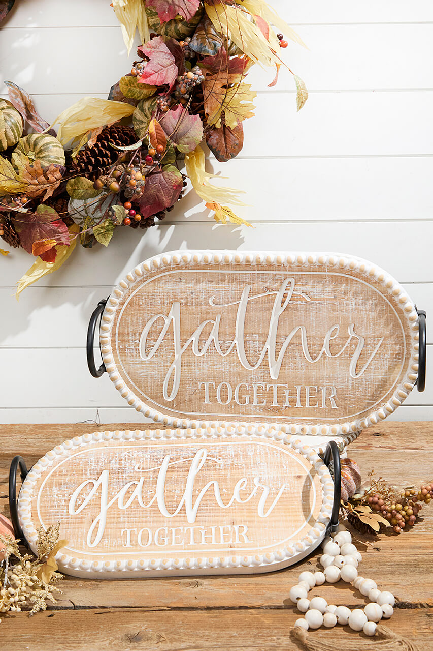 Wood Engraved & Metal Harvest Design Trays - Set of 2