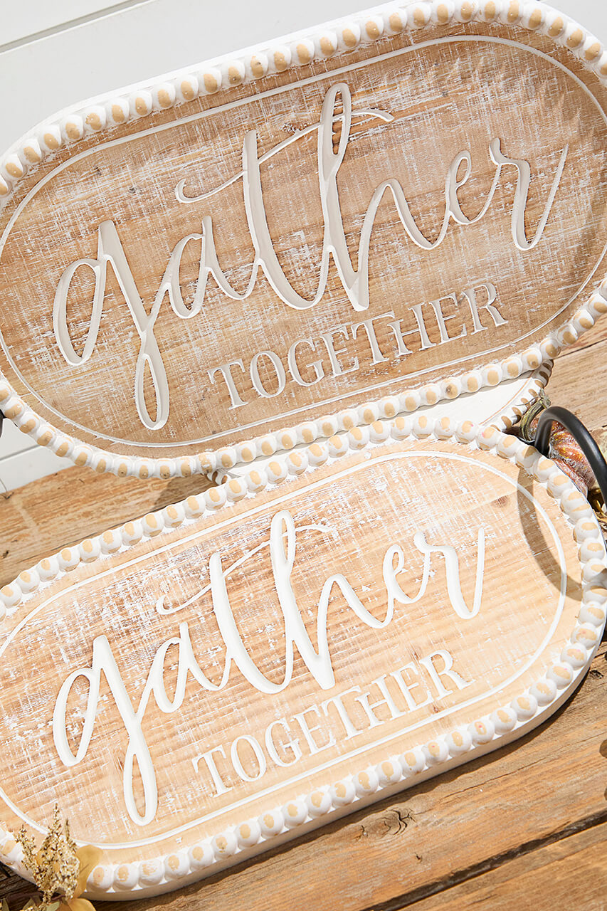 Wood Engraved & Metal Harvest Design Trays - Set of 2
