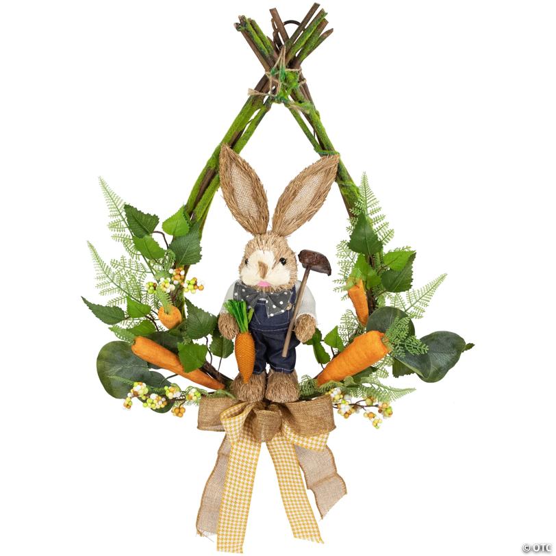 Farmer Bunny Moss Vines Teardrop Easter Wreath - 22" - Green and Orange - Unlit