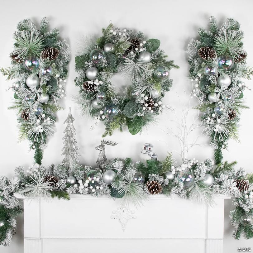 Flocked Pine Artificial Christmas Wreath with Iridescent Ornaments  24-Inch  Unlit