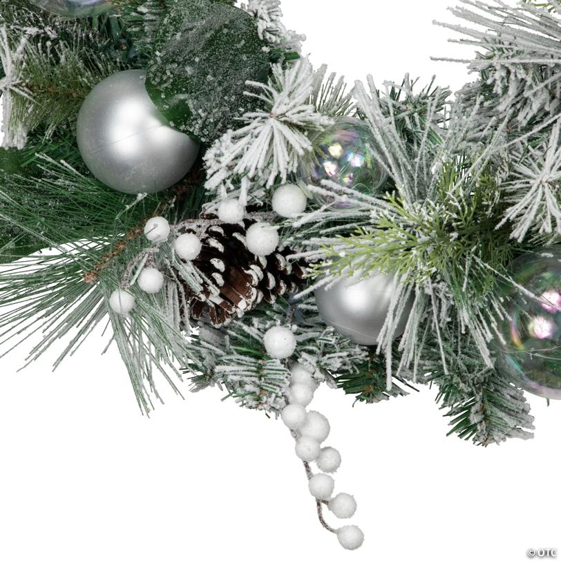 Flocked Pine Artificial Christmas Wreath with Iridescent Ornaments  24-Inch  Unlit