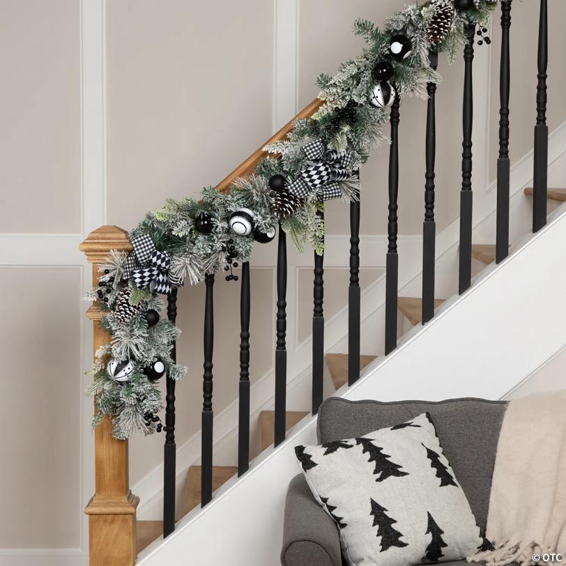 Flocked Pine with Harlequin Ornaments and Bows Artificial Christmas Garland - 6' Proper 8" - Unlit