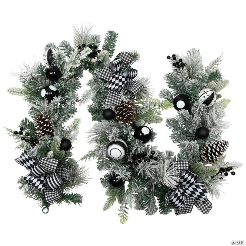 Flocked Pine with Harlequin Ornaments and Bows Artificial Christmas Garland - 6' Proper 8" - Unlit