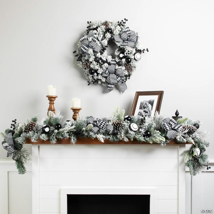 Flocked Pine with Harlequin Ornaments and Bows Artificial Christmas Garland - 6' Proper 8" - Unlit