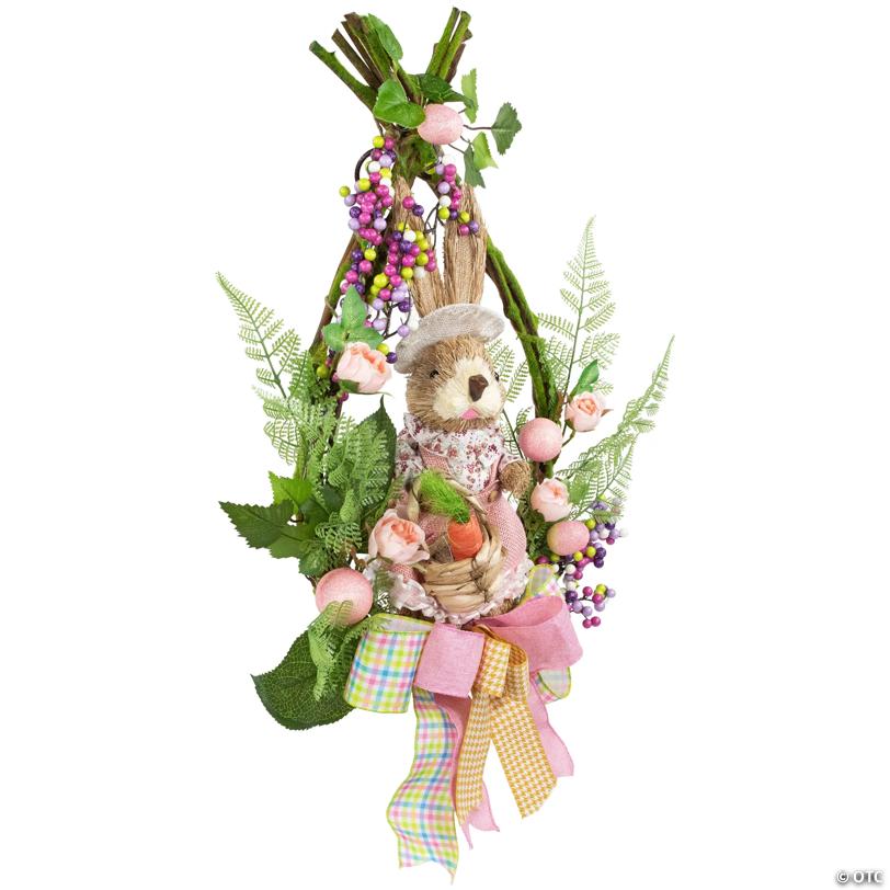 Flower Bunny Moss Vines Teardrop Easter Wreath - 22" - Pink - Unlit