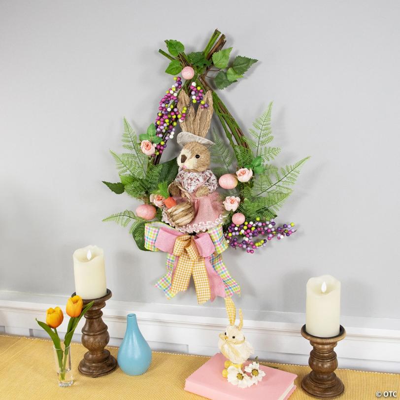 Flower Bunny Moss Vines Teardrop Easter Wreath - 22" - Pink - Unlit