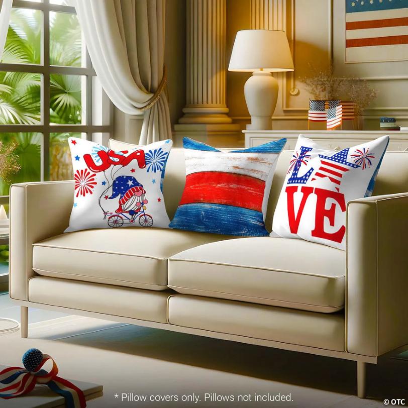 G128 18 x 18 In Patriotic Gnome & Fireworks Waterproof Throw Pillow Covers, Set of 4