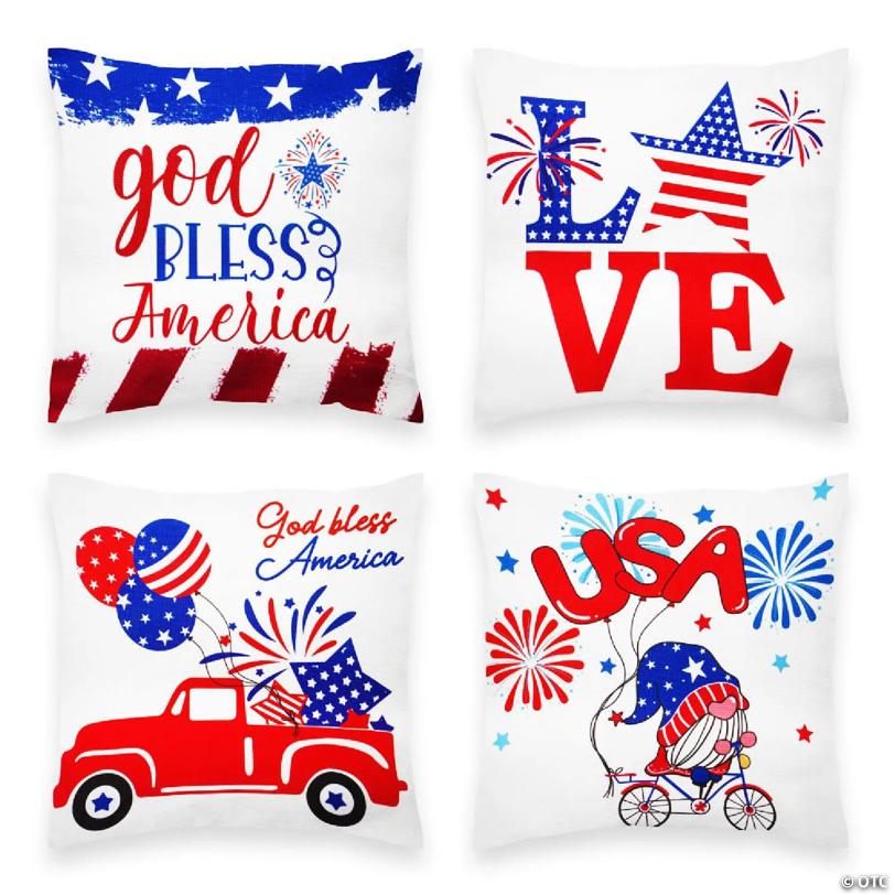 G128 18 x 18 In Patriotic Gnome & Fireworks Waterproof Throw Pillow Covers, Set of 4