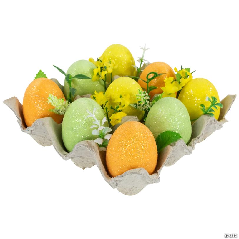 Glittered Easter Eggs with Carton Decoration - 6.25" - Set of 9