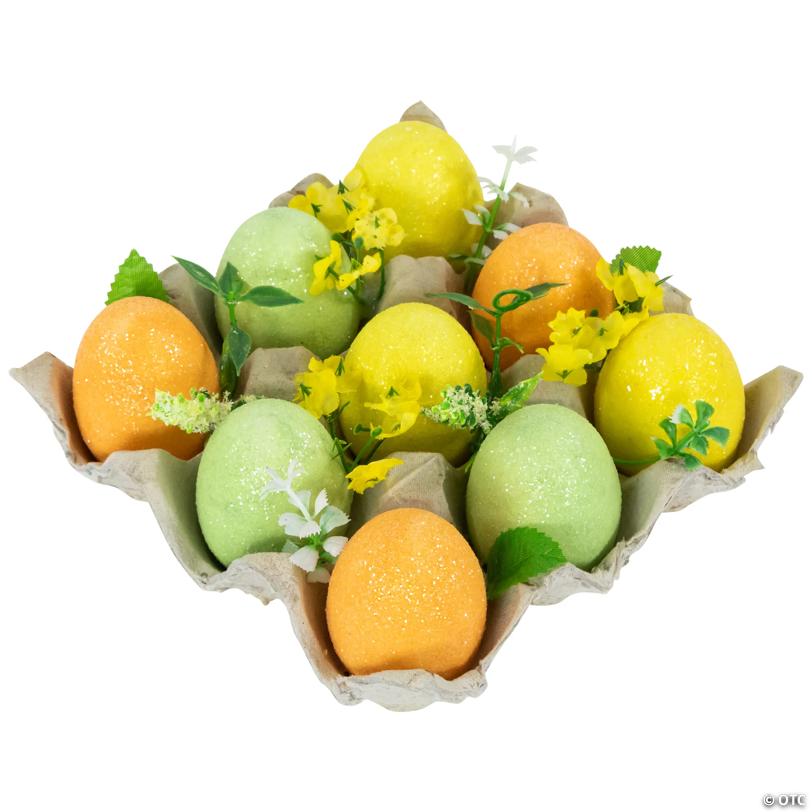 Glittered Easter Eggs with Carton Decoration - 6.25" - Set of 9