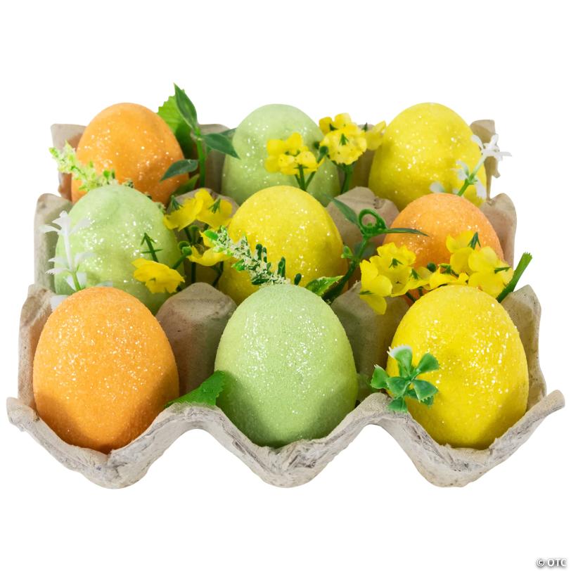 Glittered Easter Eggs with Carton Decoration - 6.25" - Set of 9