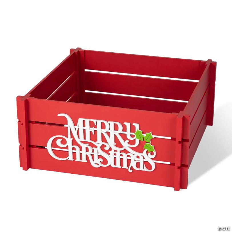 Glitzhome 24"L Red "MERRY CHRISTMAS" Wooden Crate Tree Collar(KD)