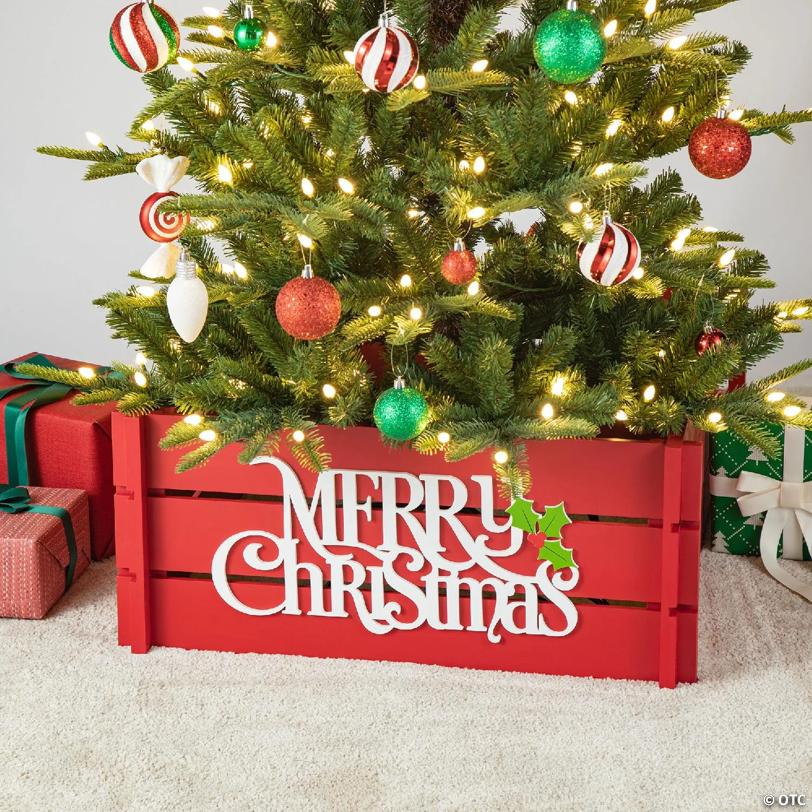 Glitzhome 24"L Red "MERRY CHRISTMAS" Wooden Crate Tree Collar(KD)