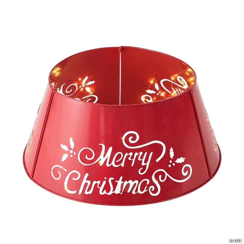 Glitzhome 26"D "Merry Christmas" Diecut Metal Tree Collar with Light String(KD)