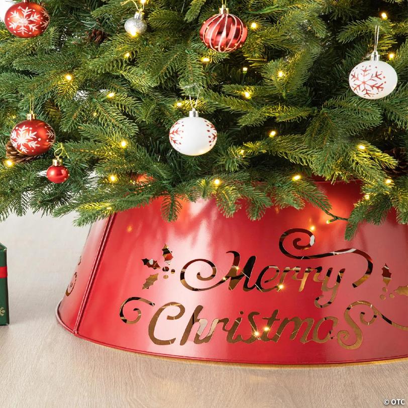 Glitzhome 26"D "Merry Christmas" Diecut Metal Tree Collar with Light String(KD)