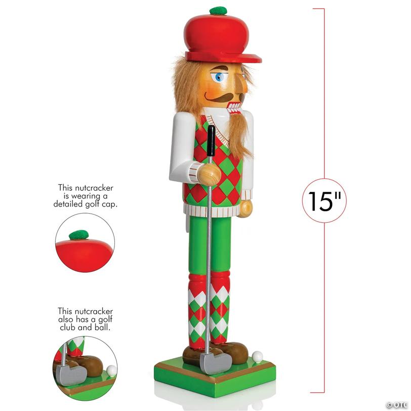 Golf Player Christmas Nutcracker Red and Green Wooden Golfer with Club and Ball Xmas Themed Holiday Nut Cracker Doll Figure Toy Decorations