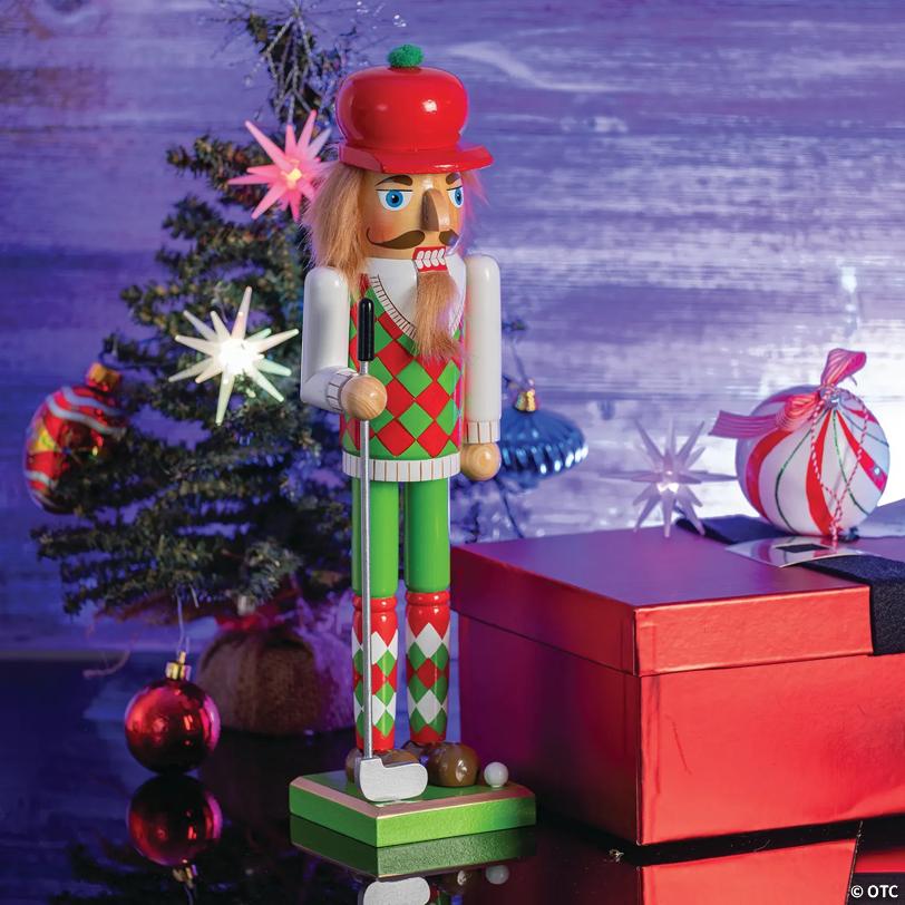 Golf Player Christmas Nutcracker Red and Green Wooden Golfer with Club and Ball Xmas Themed Holiday Nut Cracker Doll Figure Toy Decorations