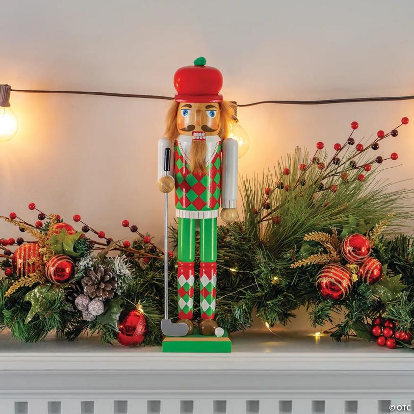 Golf Player Christmas Nutcracker Red and Green Wooden Golfer with Club and Ball Xmas Themed Holiday Nut Cracker Doll Figure Toy Decorations