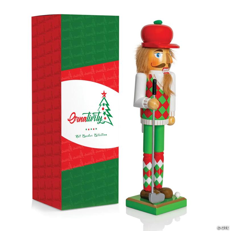 Golf Player Christmas Nutcracker Red and Green Wooden Golfer with Club and Ball Xmas Themed Holiday Nut Cracker Doll Figure Toy Decorations