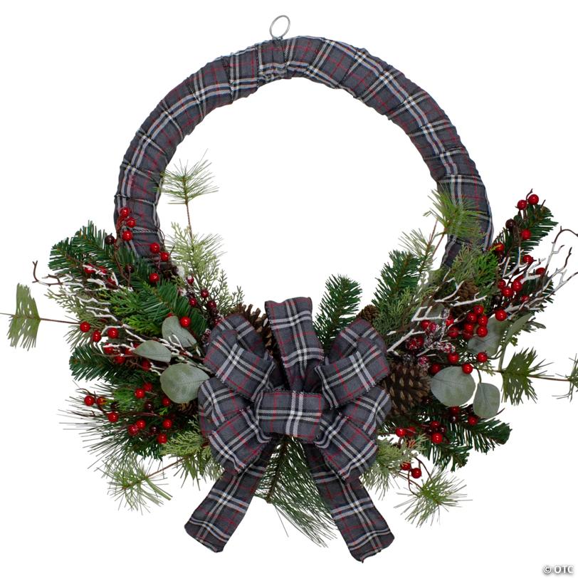 Gray and Red Plaid Artificial Christmas Wreath with Red Berries - 24-Inch  Unlit