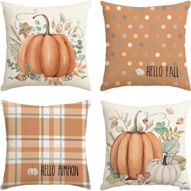 Hello Fall Pumpkin Throw Pillow Covers - Set of 4 (18x18 Inch) Autumn Decor