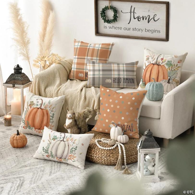 Hello Fall Pumpkin Throw Pillow Covers - Set of 4 (18x18 Inch) Autumn Decor