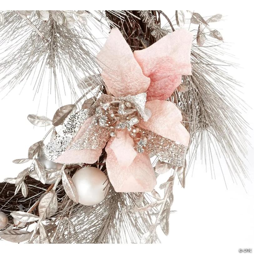 Kurt Adler Artificial ChampagneGold Wreath with Pink Poinsettias and Ornaments Christmas Decoration, 20 Inches