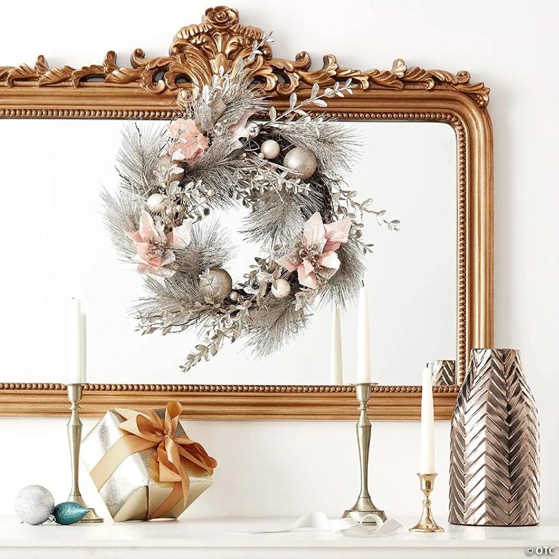 Kurt Adler Artificial ChampagneGold Wreath with Pink Poinsettias and Ornaments Christmas Decoration, 20 Inches
