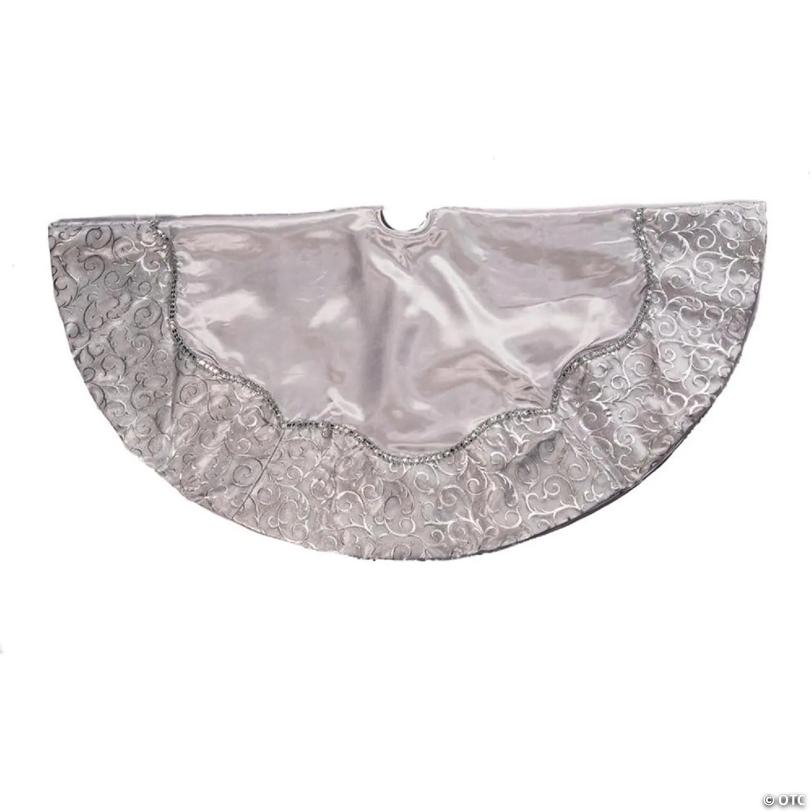 Kurt Adler Christmas Satin Tree Skirt with Sequined Border, Silver, 48in