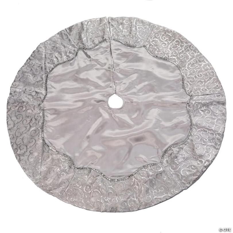 Kurt Adler Christmas Satin Tree Skirt with Sequined Border, Silver, 48in