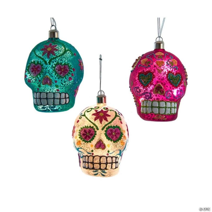Kurt Adler Hanging Pre-Lit Glass Ornaments, Day of the Dead Skulls, Assorted Colors