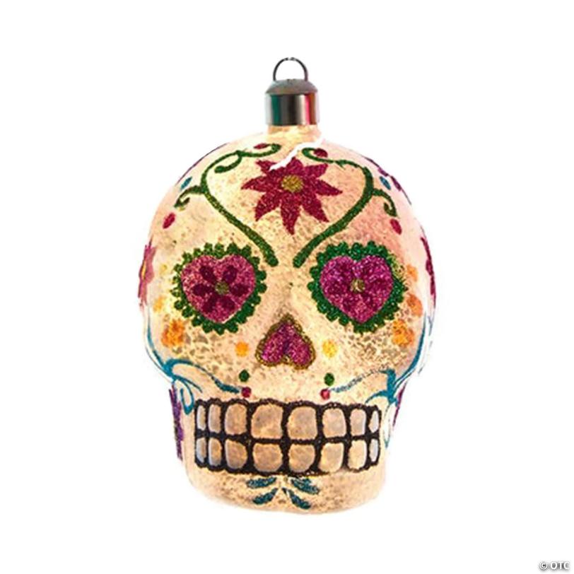 Kurt Adler Hanging Pre-Lit Glass Ornaments, Day of the Dead Skulls, Assorted Colors