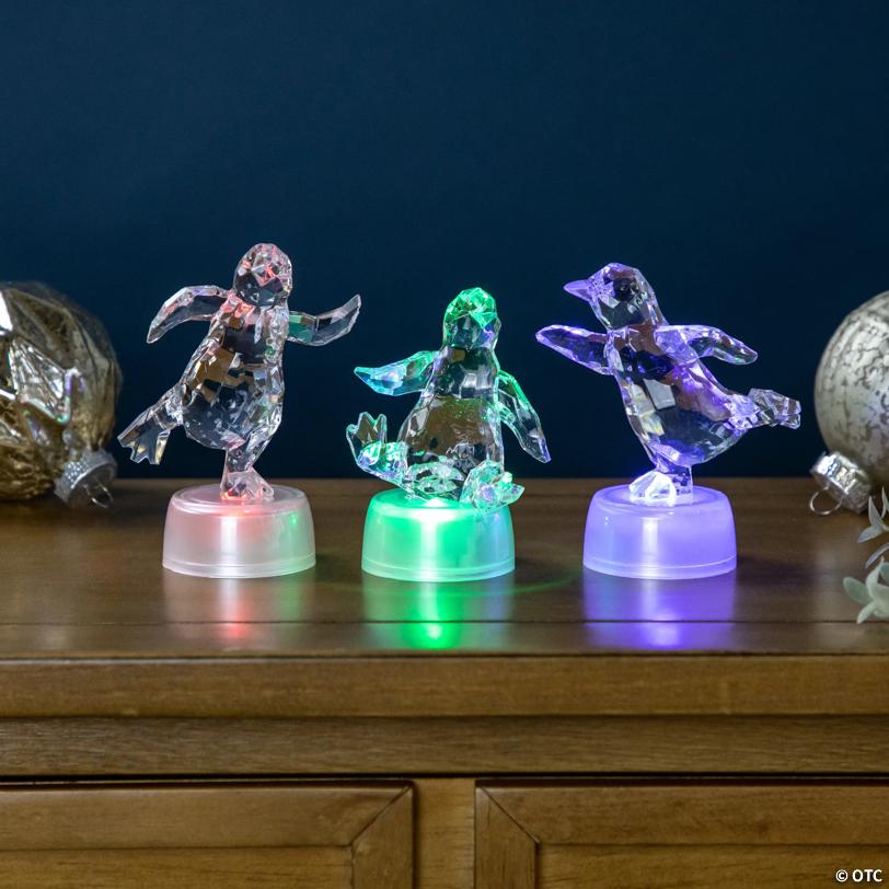 LED Lighted Color Changing Penguin Acrylic Christmas Decorations - 4" - Set of 3
