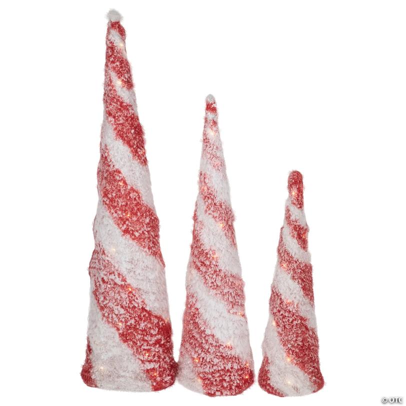 LED Lighted Snowy Candy Cane Striped Christmas Cone Trees - 3.25' - Set of 3