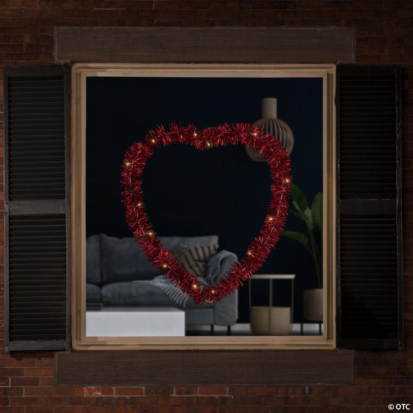 LED lighted Tinsel Heart Valentine's Day Window Silhouette - 25.25" - Red