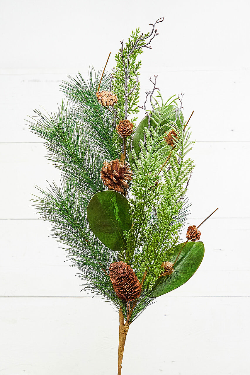 32” Mixed Pine & Magnolia Leaf Pinecone Spray