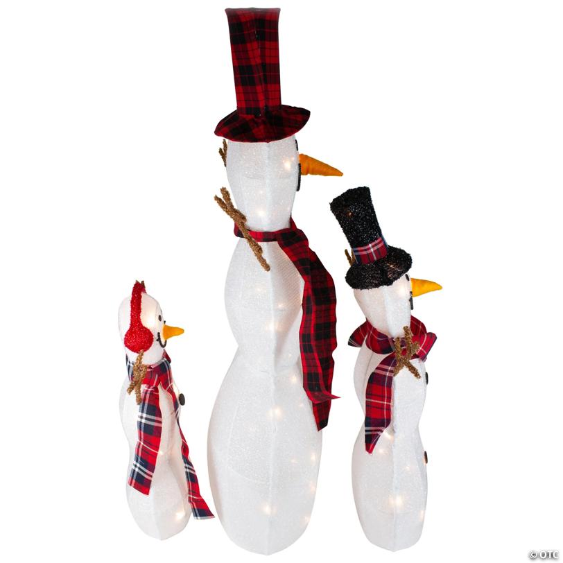 Lighted Tinsel Snowmen Family Christmas Outdoor Decorations - Clear Lights - Set of 3