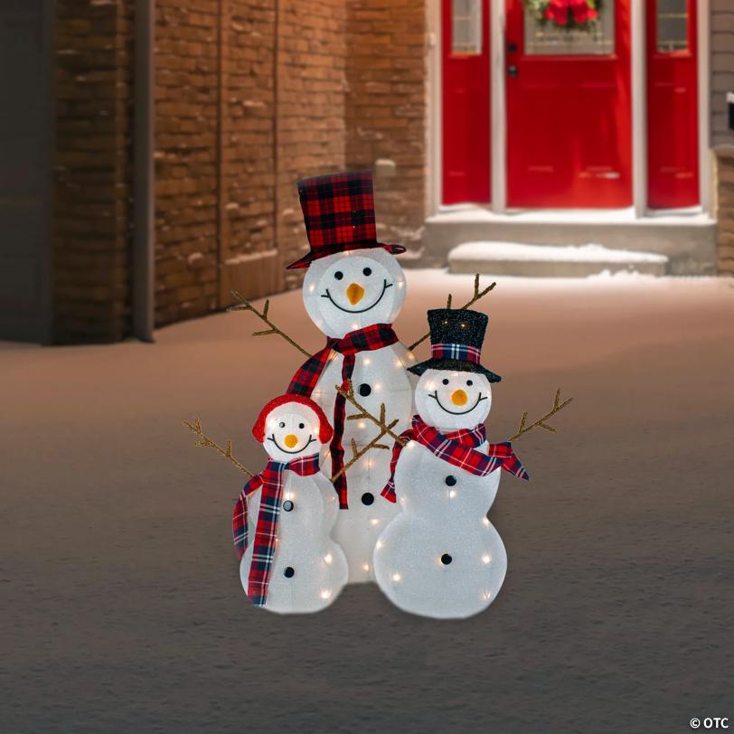 Lighted Tinsel Snowmen Family Christmas Outdoor Decorations - Clear Lights - Set of 3
