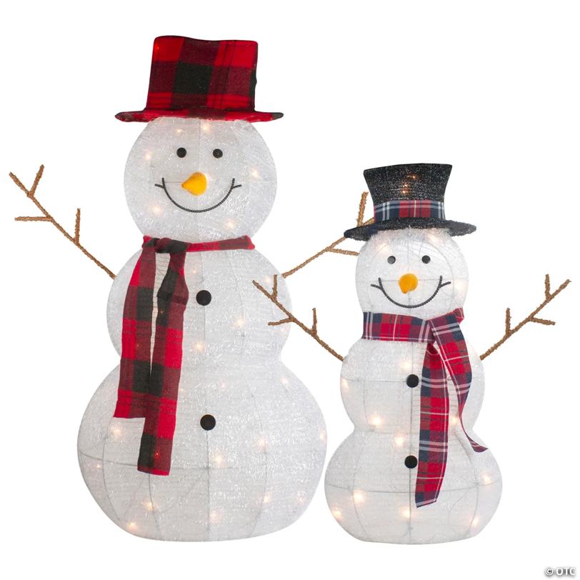 Lighted Tinsel Snowmen Family Christmas Yard Decorations - Clear Lights - Set of 2