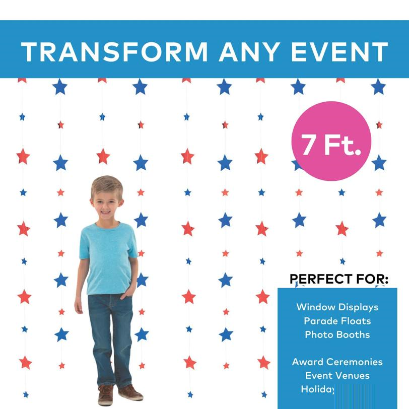 7 ft. Blue & Red Patriotic Strings of Stars Hanging Foil Decorations 12 Pc.
