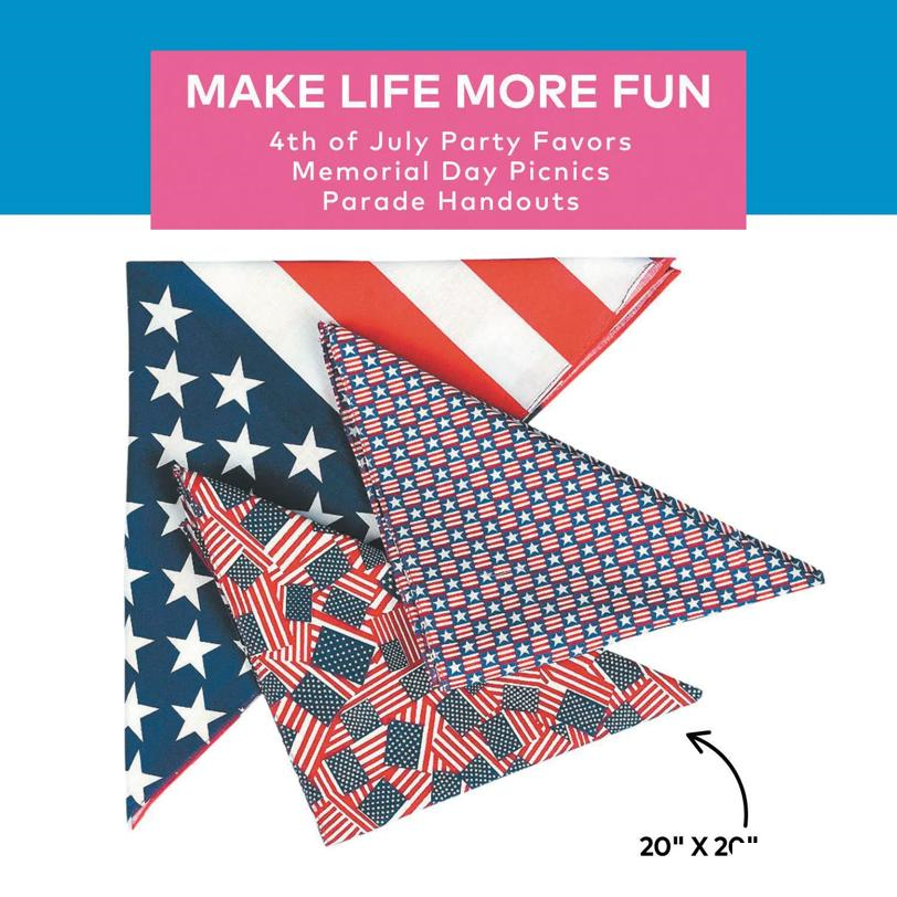 20" Patriotic Stars & Stripes Polyester Bandana Assortment 12 Pc.